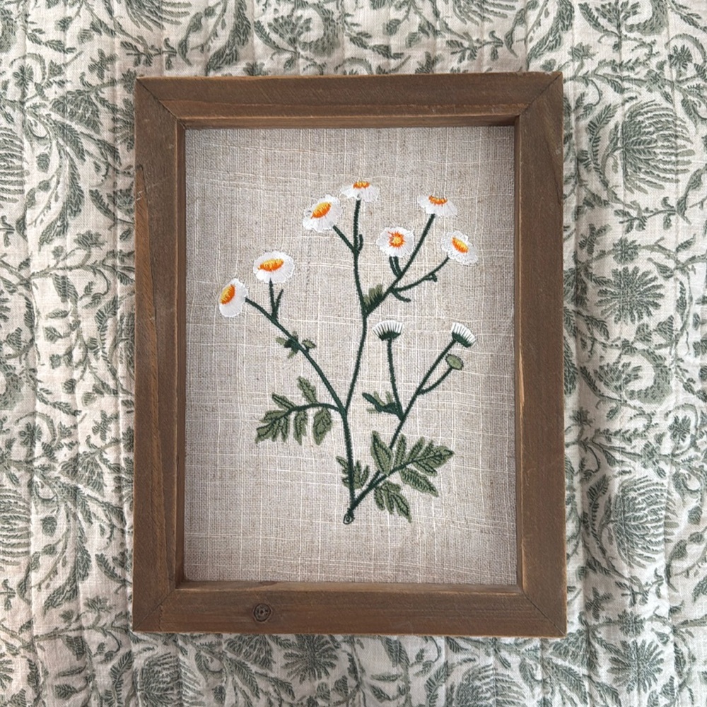 Embroidered Floral Wall Art in Wooden Frame